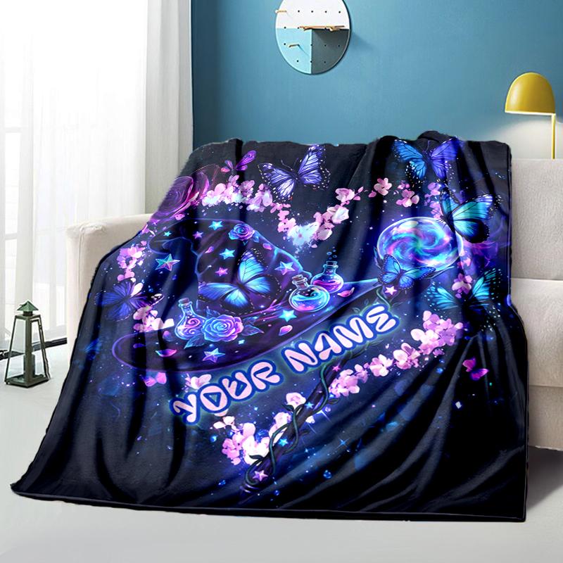 1PC Custom Name Butterfly Dreams Purple flannel blanket versatile,all-season throw suitable for the living room,bedroom,camping,travel,and gift