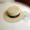 Luxury Elegant Women Summer Straw Hat Flat Top Boater Cap Folds Silk Pearl Decor Hand Weave Wide Brim Sun Hat Panama Fedora
