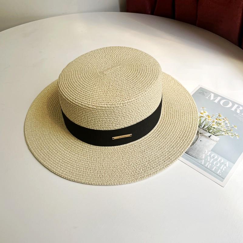 Luxury Elegant Women Summer Straw Hat Flat Top Boater Cap Folds Silk Pearl Decor Hand Weave Wide Brim Sun Hat Panama Fedora