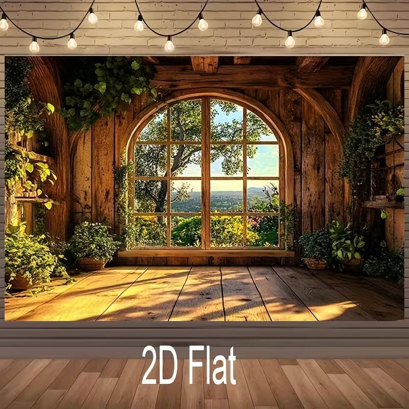 2D Cozy Cottage Background, Arched Window with Nature View Themed Photoshoot Backdrop