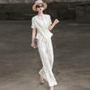 Lanseer Women's Striped Cross-Waist Top & Wide-Leg Pants Set