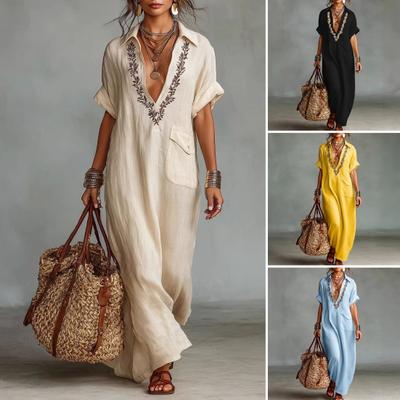 Summer Cotton Linen Maxi Dress for Women Casual V Neck Short Sleeve Flowy Beach Sundress Embroidered Tunic Long Dress with Pocket