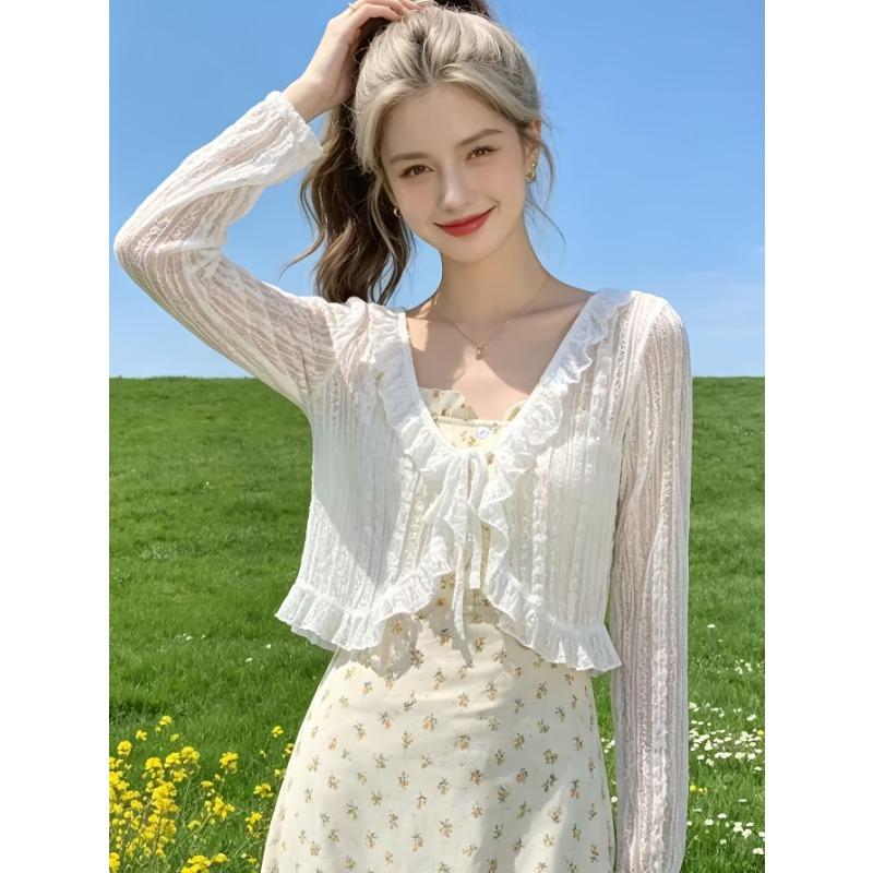 Women's Cardigan Jacket, Summer Lightweight Breathable Lace Tie Shawl, Fashionable Versatile Short Cardigan Jacket, Outerwear for Slip Dresses