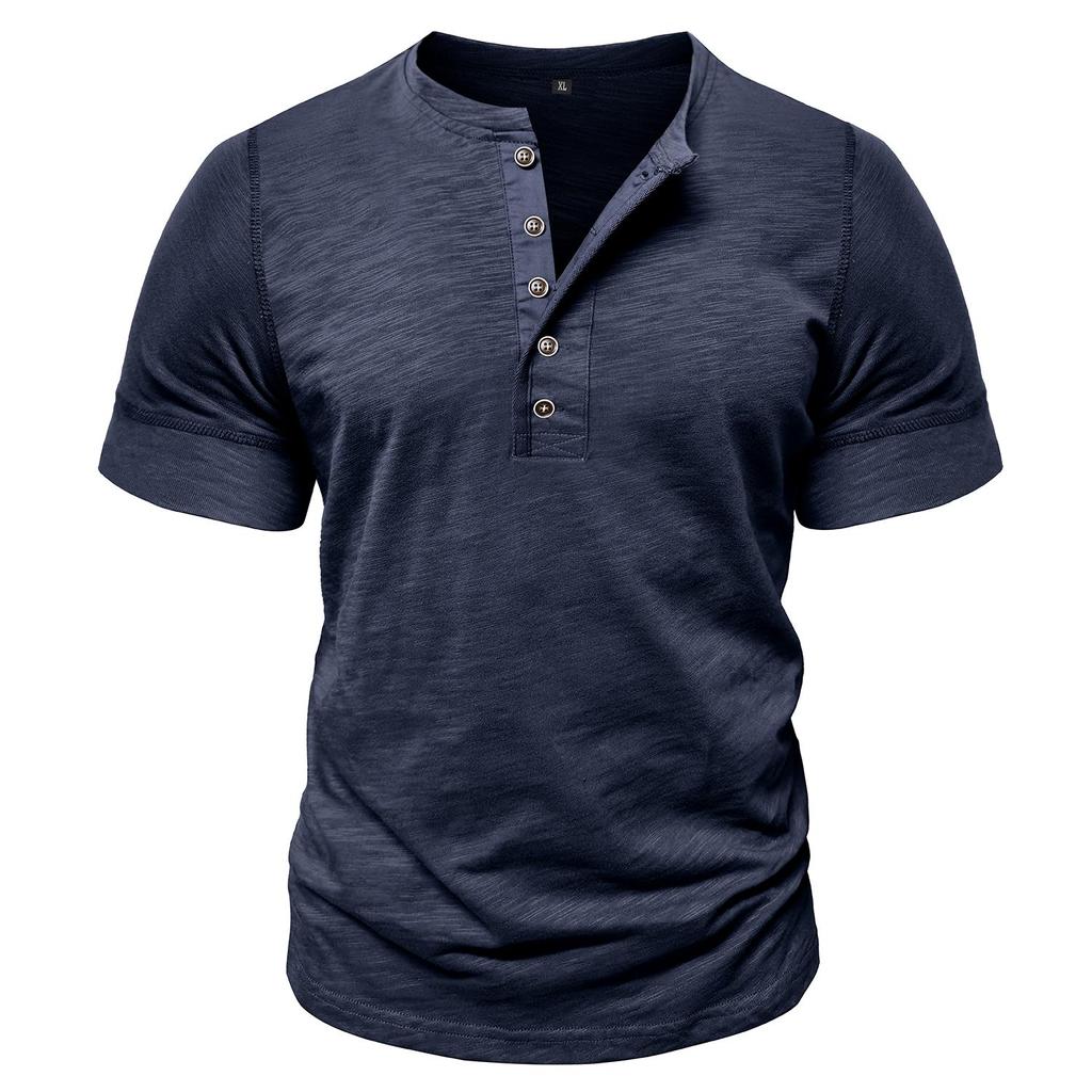 Men’s T-shirts Henley Collar Short Sleeves Cotton Polo Shirts Solid Color Casual Tops