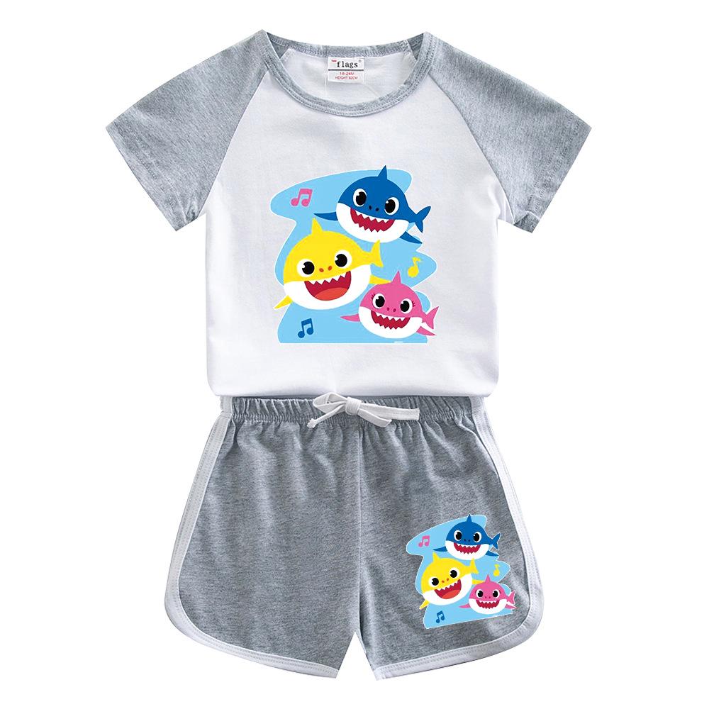 Kids' Baby Shark Summer Set 2024: Pure Cotton Cartoon T-Shirt & Shorts, Two-Piece Set
