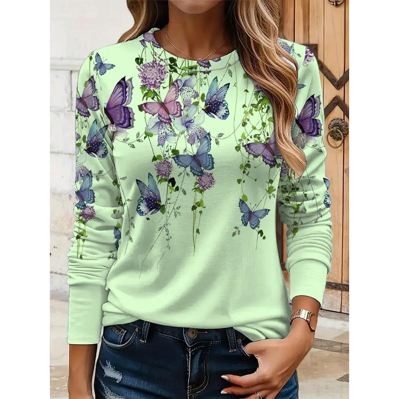Women's 3D Butterfly Print T-shirt Fashion Long Sleeve Round Neck Regular Tops Holiday Weekend Spring and Autumn