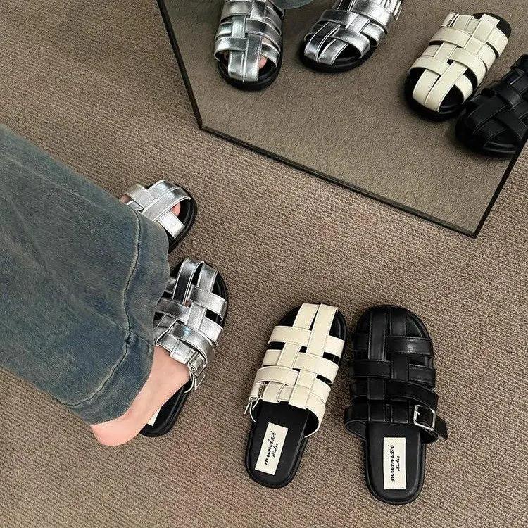 Office Slippers, Women Wear A Slip-on Summer 2024 New Baotou Black, Silver Woven Semi-drag Casual Sandals, Women's Shoes