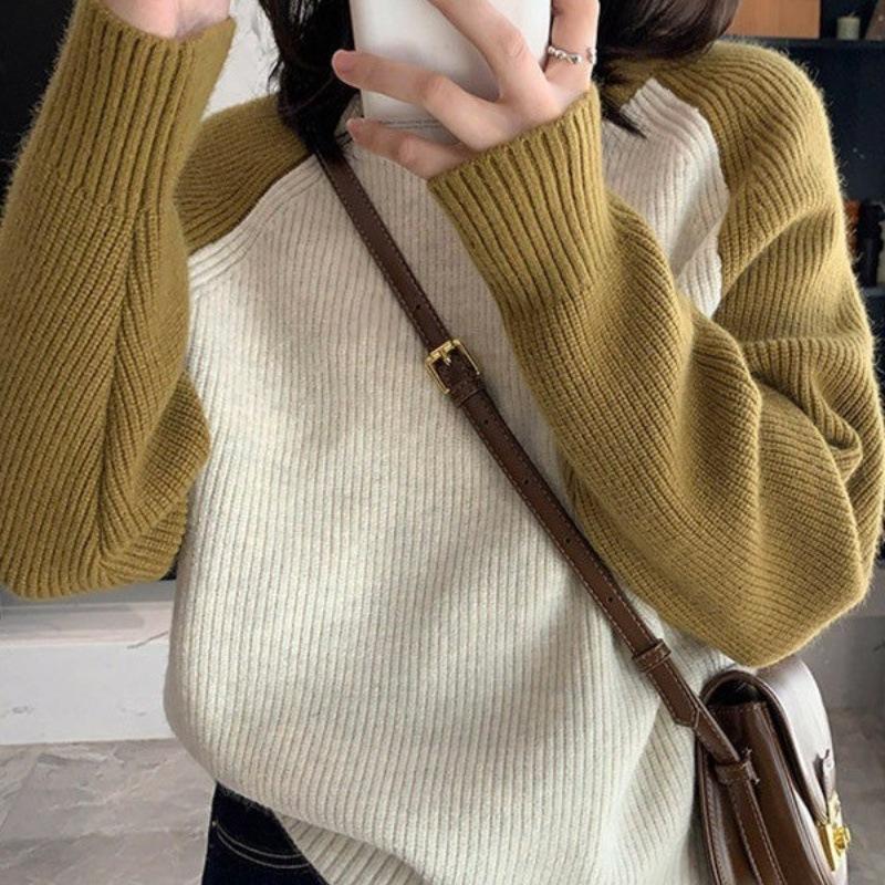 Round Neck Contrasting Color Knitted Sweater New Design Sense Autumn Winter Casual Long Sleeved Set Base Women's Top