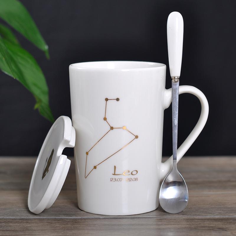 Zodiac Ceramic Mug Set: Gold Constellation Design with Lid & Spoon