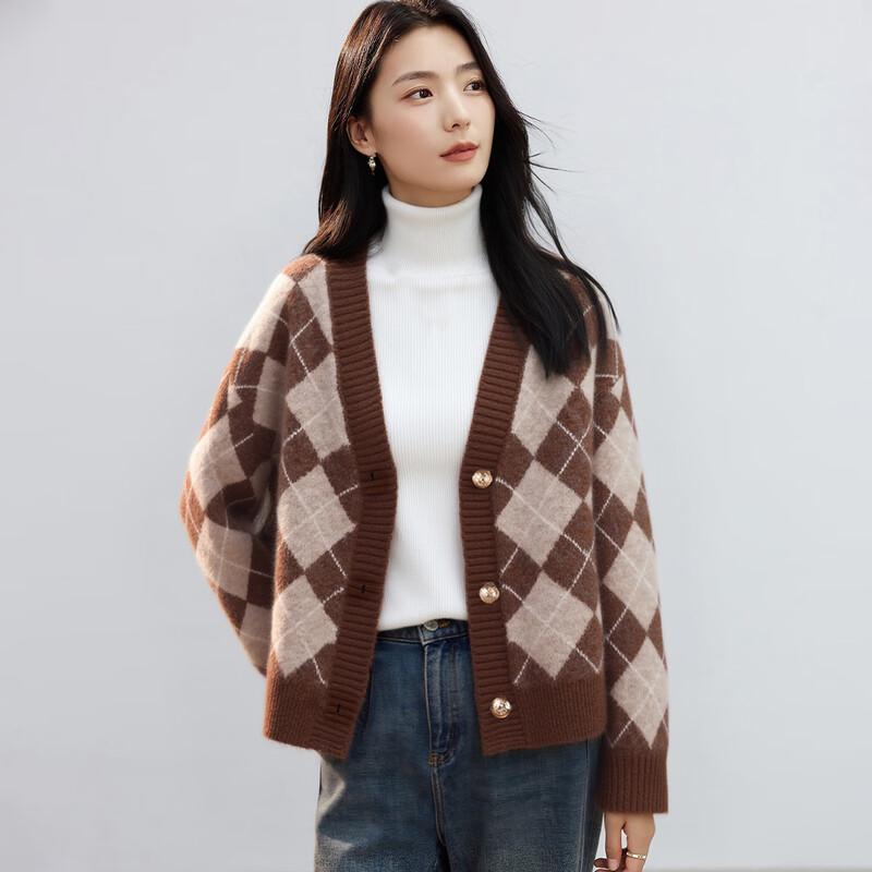 Women's Wool Blend V-Neck Contrast Diamond Knit Sweater