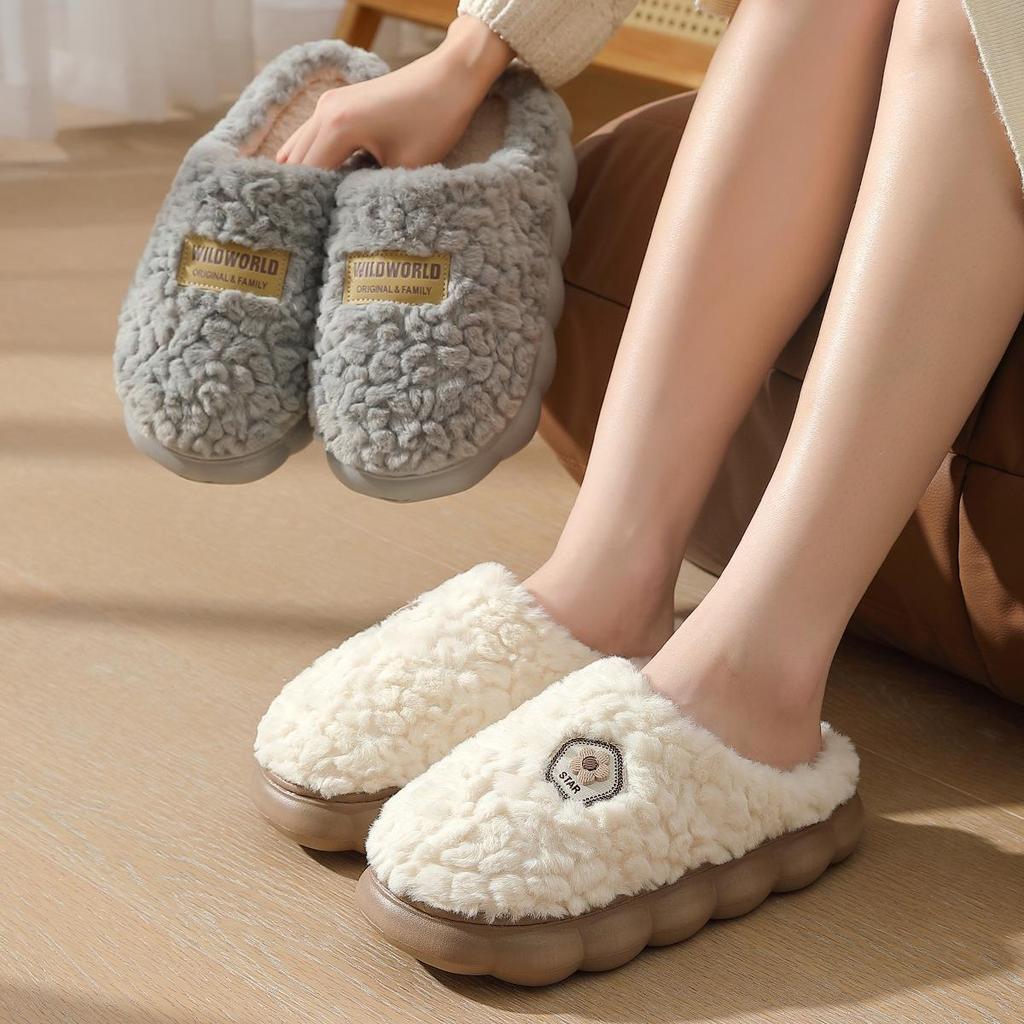 Plush Cotton Slippers: Non-Slip, Thick Sole, Furry Indoor Footwear for Men and Women.