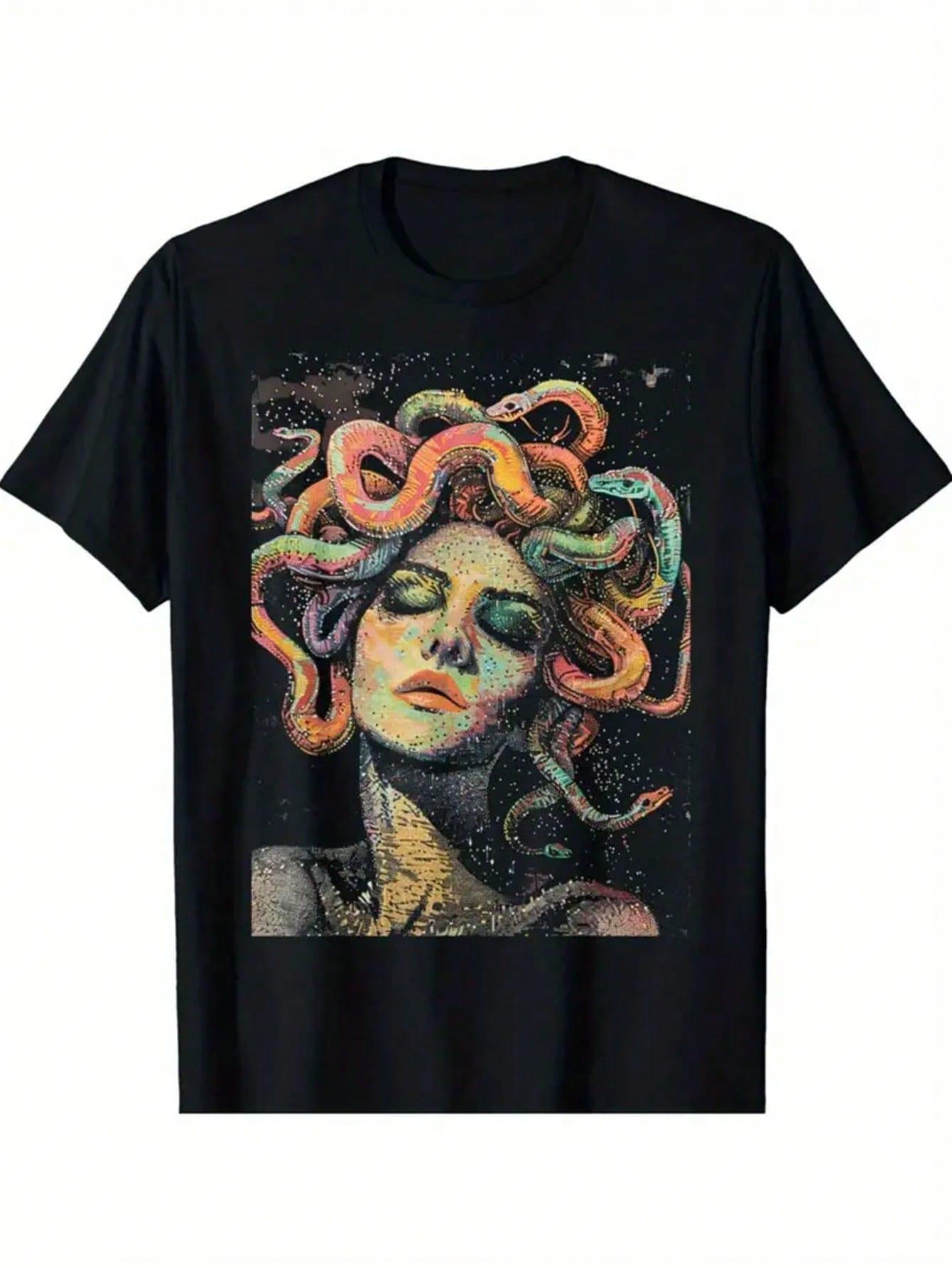 Best Selling Medusa Greek Mythology Graphic Art Pattern Printed T-Shirt- Flat Printed Men s T-Shirt, Eye-Catching Design Men ... S разноцветный