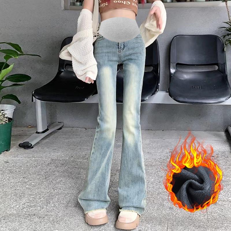 

7 #maternity jeans flared pants velvet high elastic outer wear casual fashion versatile retro belly support trousers M