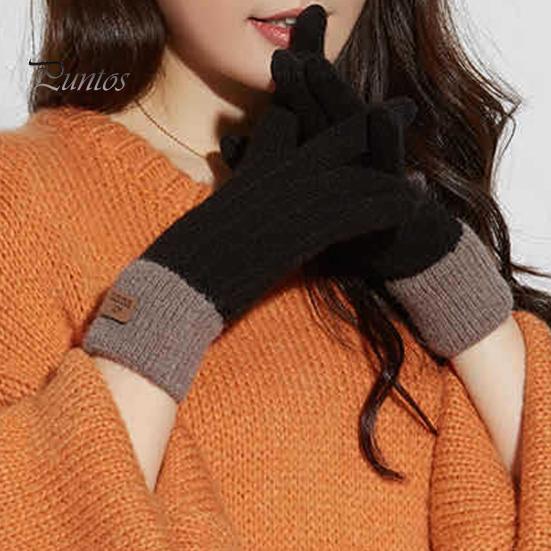 1 Pair Unisex Winter Gloves Knitted Thick Warm Color Matching Touch Screen Anti-slip Elastic Soft Warm Thick Plush Cycling Riding Gloves