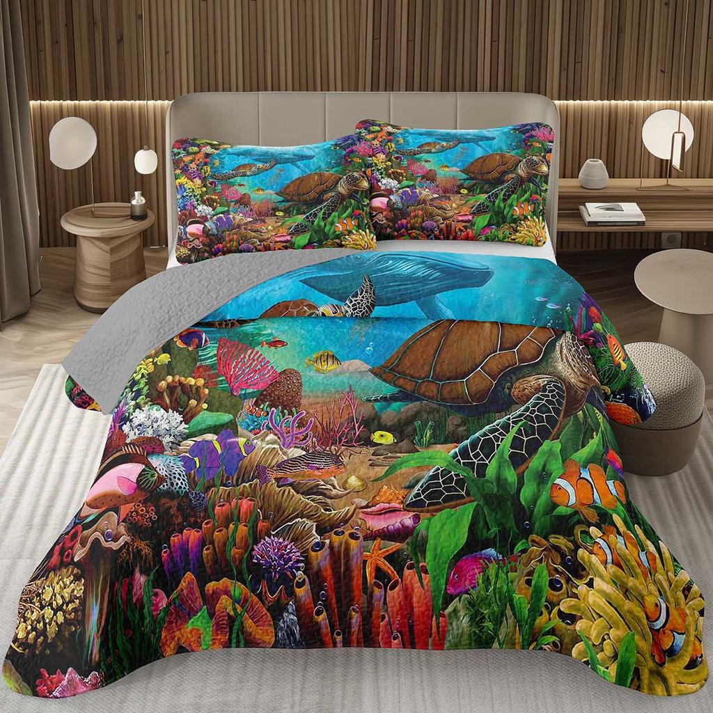 Sea Turtle Bedspread Queen Twin Underwater World Ocean Animal Coverlet Reptile Tortoise Print Quilted Bedding Set for Kids Adult