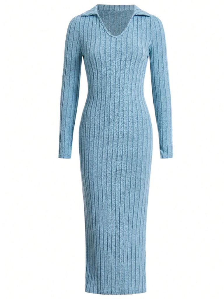 Orange V-Neck Long Sleeve Knit Bodycon Midi Dress with Side Slit