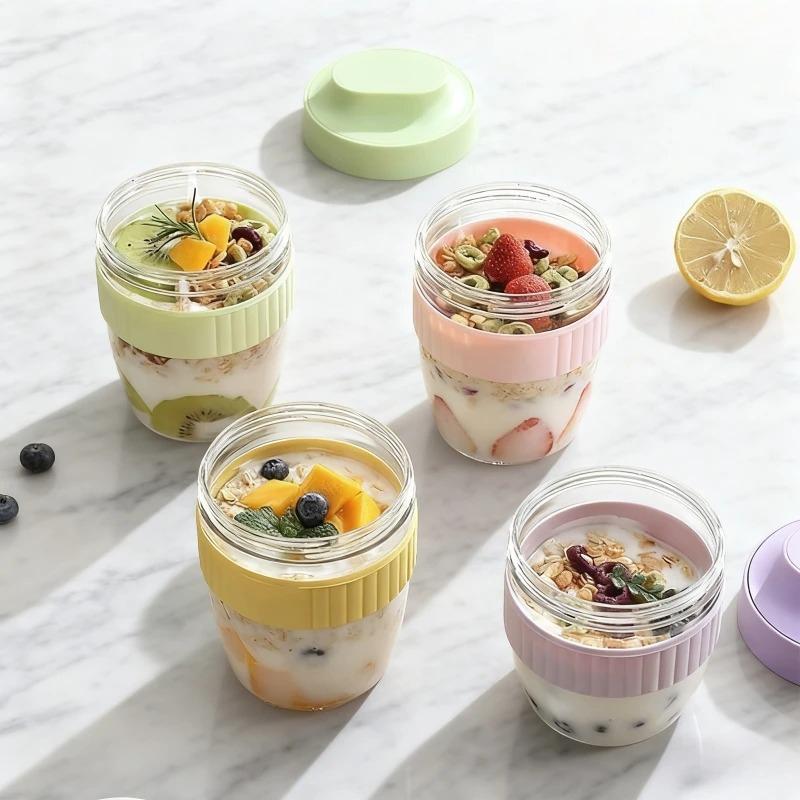 JUSTINLAU 480/570ml Portable Plastic Salad Cup Breakfast Fruit Oat Yogurt Salad Cup with Lid Spoon  Bento Lunch Box  Milk Cup