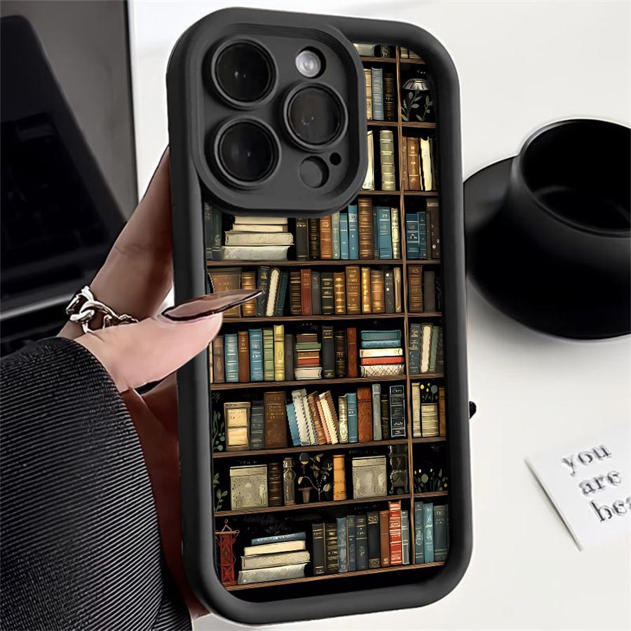Phone Case for IPhone 18 16 15 Pro Max 13 12 11 Pro 14ProMax 16Plus 12Pro 16e 13Pro Soft Cover Shell Vintage Bookshelf Kitten