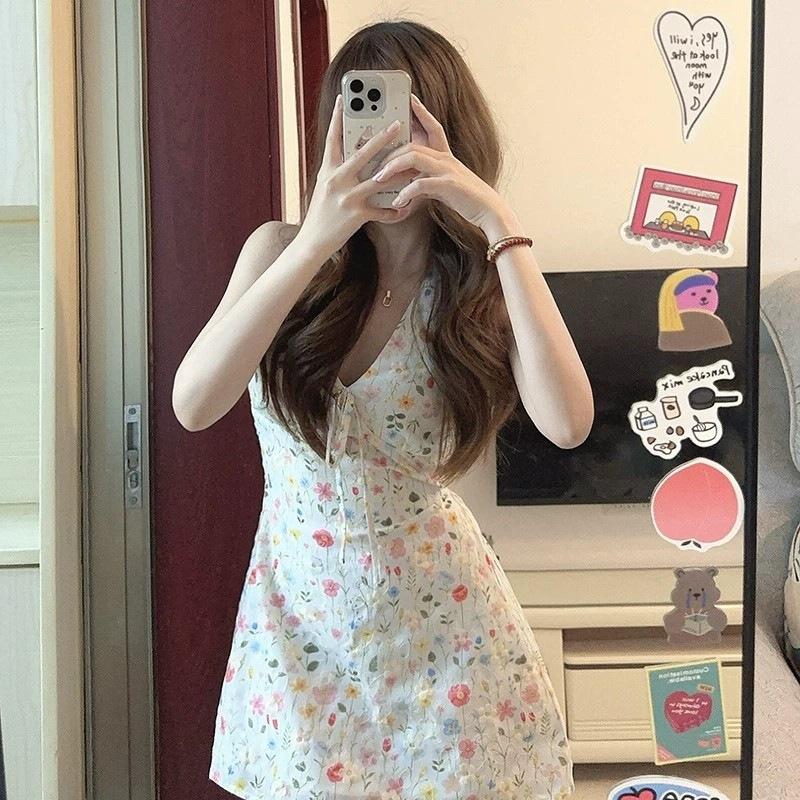 French sweet vacation floral neck sleeveless dress femininity high-end strap short skirt summer new