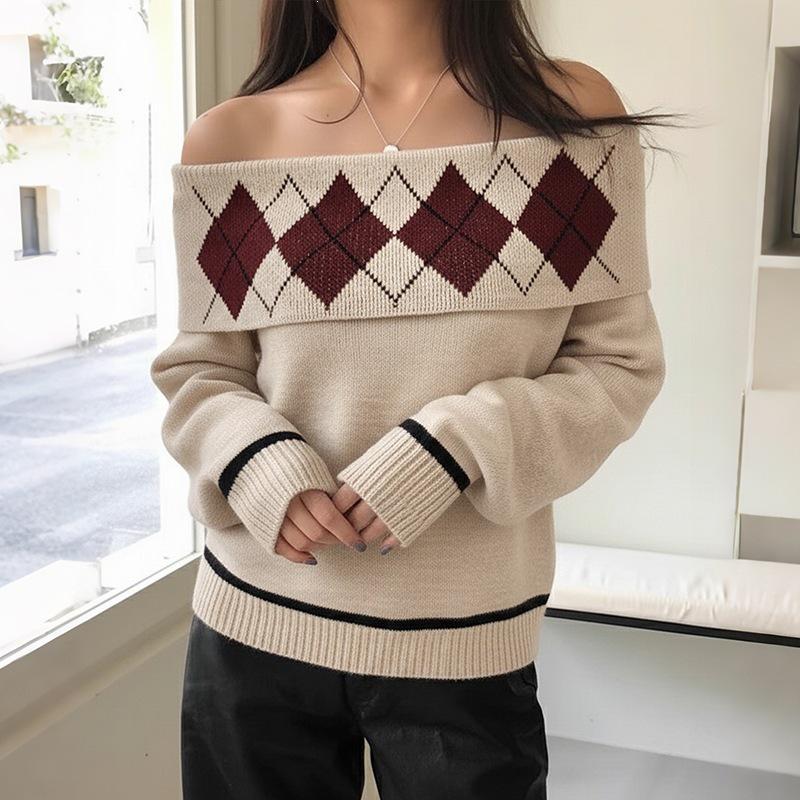 Women's Autumn/Winter Diamond Pattern One-Shoulder Pullover Knit Sweater with Lapel