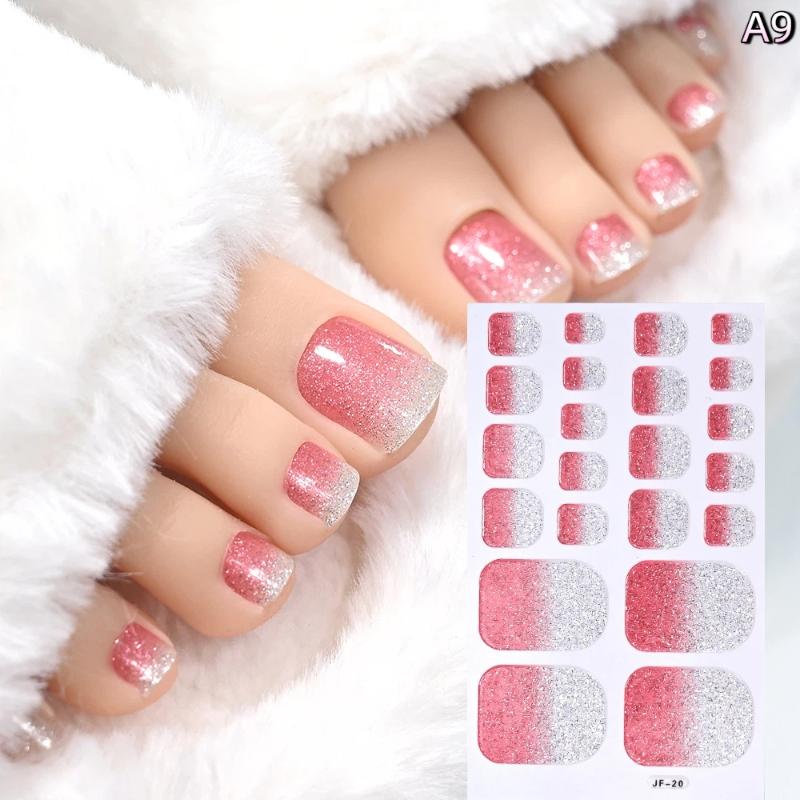 22Pcs/Sheet Toe Nail Sticker Wraps Baking Free Simple Solid Color Glitter Full Cover Toenail Polish Strips Waterproof