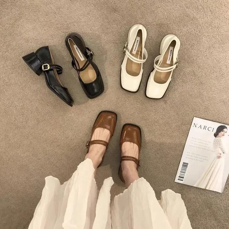 Vintage French Elegant Women's Shoes Shoes Loafers Thick Heels Flat Bottom Casual Shoes Lolita Heeled Sandals