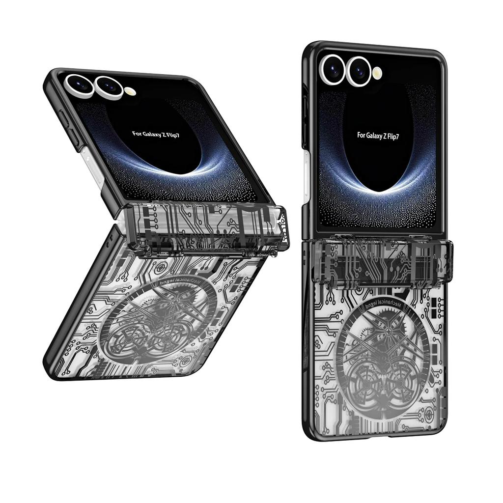 Mechanical Style Phone Case for Samsung Galaxy Z Flip 7 Fe 6 5 4 Flip7 Hinge Protection Clear Cover Luxury Electroplate