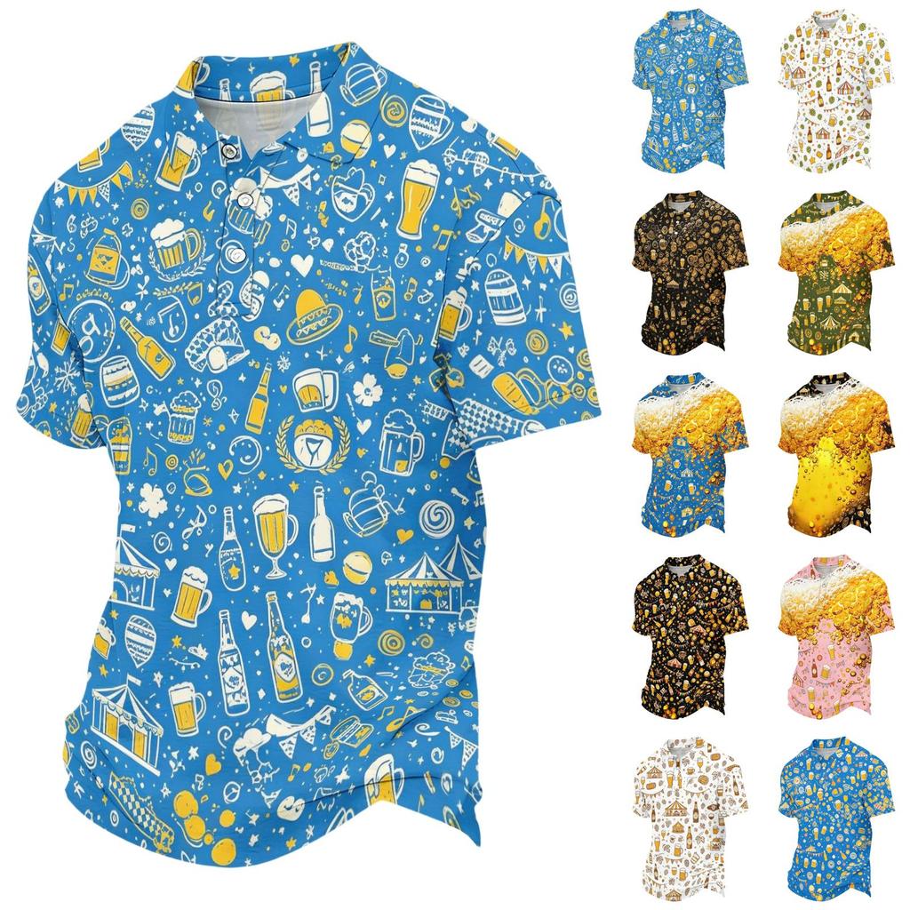 Unisex ležérní polo tričko volného střihu s krátkým rukávem a vzorem inspirovaným pivním festivalem. Lehké prodyšné látky pro každodenní nošení.