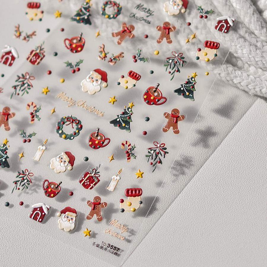 5D embossed nail art sticker high quality Christmas series nail stickers Christmas three-dimensional gold edge bear nail sticker