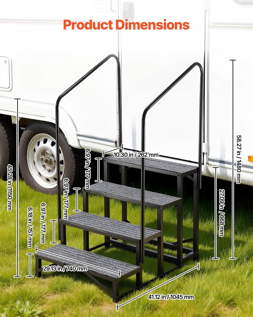 RV Steps with Dual Handrails, 4 Steps, 300 kg Load Capacity, Heavy Duty Outdoor RV Stairs with Non-Slip Mat for Elderly/Pets, Portable Stairs for Hot