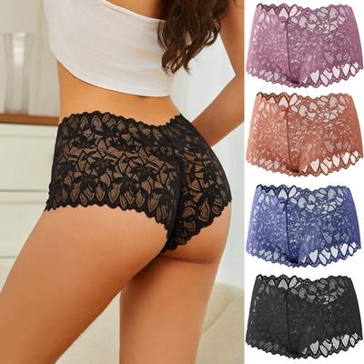 Boxer Shorts Lace Panty for Woman Sexy Hollow Out Underwear Floral Mid-waist Lingerie