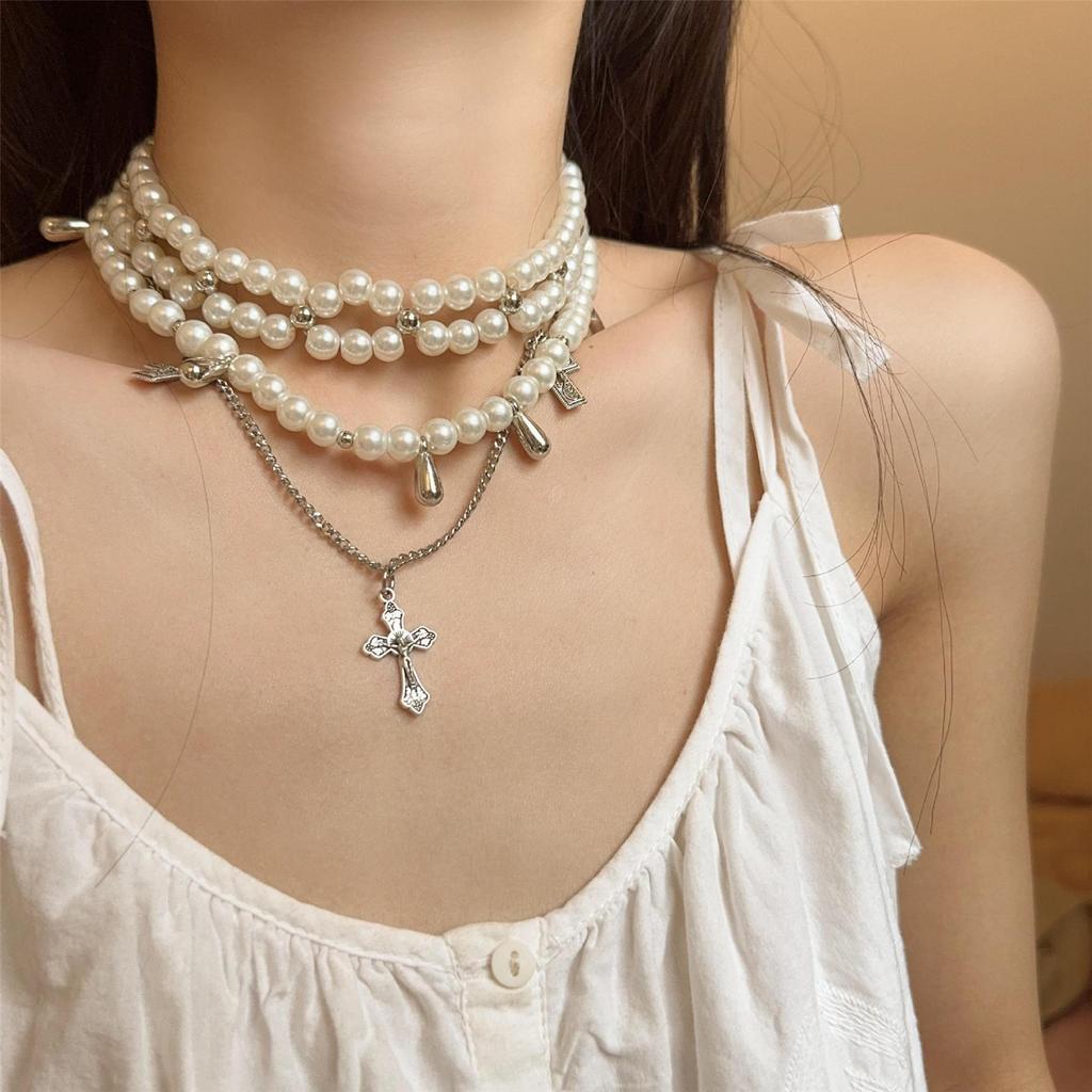 Fashionable Pearls Multilayered Necklace with Silver Sturdy Alloy Crosses Pendant Accessory for Women and Girls