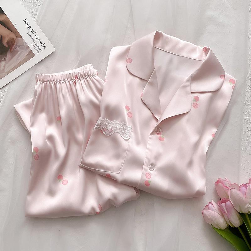 Spring And Autumn Sweet Wind Little Cherry Pajamas Women'S Comfortable Short-Sleeved Trousers Loungewear