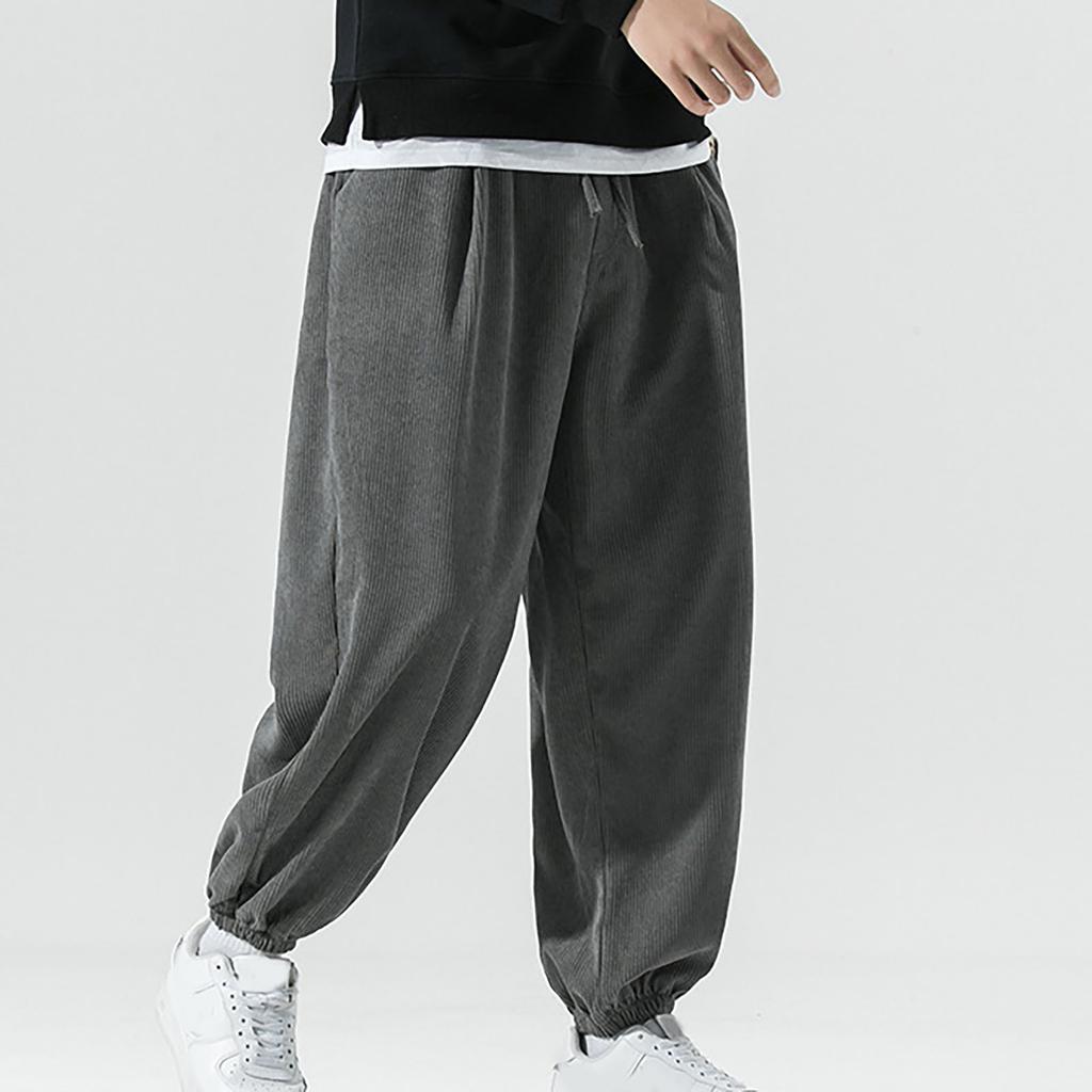 Men's Casual Corduroy Loose Fit Jogger Pants Elastic Waistband Drawstring Closure Harem Style Trousers with Ankle Cuffs for Everyday Wear