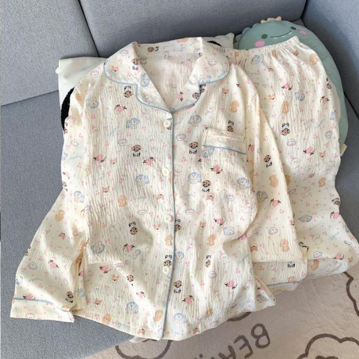 Moon Bear Cartoon Fashion Women's Pajamas Korean Style Casual Soft 2 PC Set Pajamas Autumn Long Sleepwear Lapel Neck New 2025