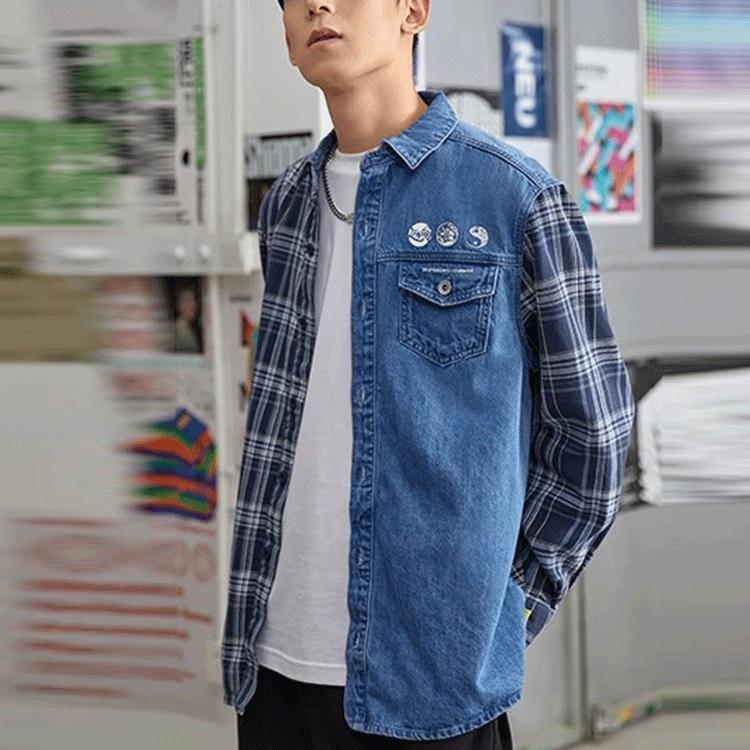 Li-Ning Loose Wash Denim Patchwork Shirt Unisex shirts Blue ASHR087-1