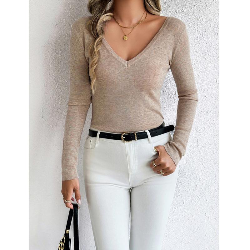New Reversible V-Neck Long Sleeve Knitted Top Solid Color Round Neck Wool Blend Pullover Sweater Base Shirt