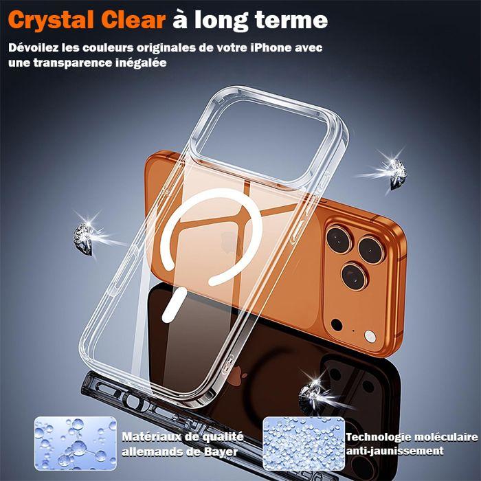 Coque iPhone 17 Pro Max aimantée MagSafe,verre trempé,protège-caméra,antichoc TPU bumper,transparent,anti-jaunissement,Hard PC Back
