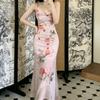 Pure desire mesh printing suspender deep V-neck dress women's summer design sense slim waist hip fish tail dress