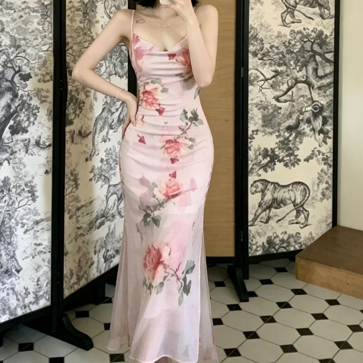 Pure desire mesh printing suspender deep V-neck dress women's summer design sense slim waist hip fish tail dress