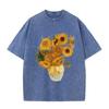 2026 Vintage Schwarz gewaschen Van Gogh Sonnenblumen Ölmalerei Grafik T-Shirt Retro Kunstdruck Übergroß Lässig Kurzarm Tee