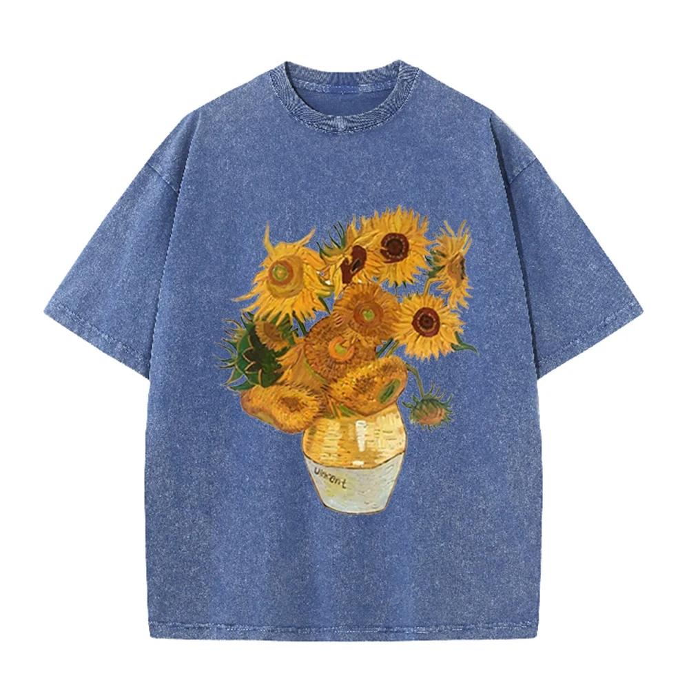 2026 Vintage Schwarz gewaschen Van Gogh Sonnenblumen Ölmalerei Grafik T-Shirt Retro Kunstdruck Übergroß Lässig Kurzarm Tee