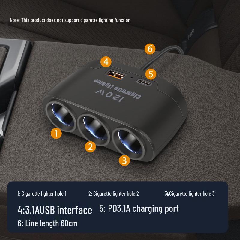 1-to-3 Multifunction Car Charger with USB & PD Fast Charging Ports (12V/24V)