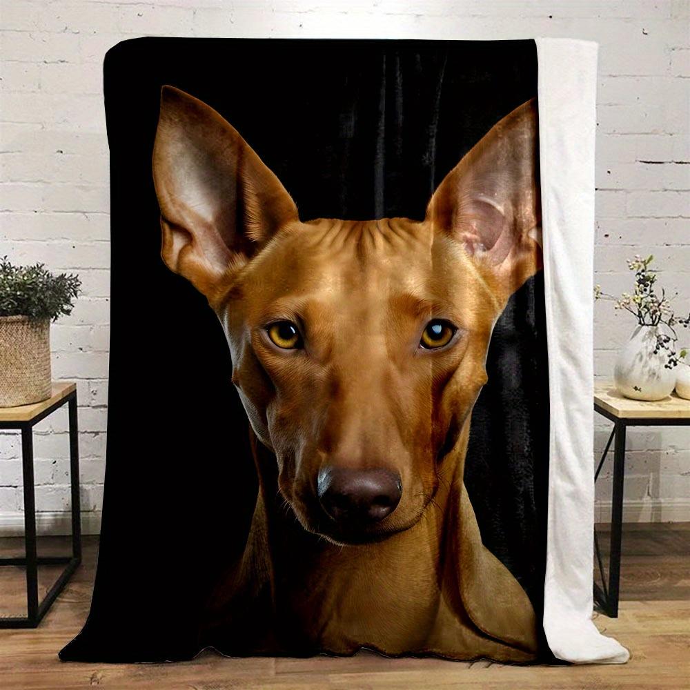 Reversible Flannel Fleece Blanket with Digital Print of Pharaoh King of Dogs - Light Brown with Yellow Eyes and Black Ears, Soft
