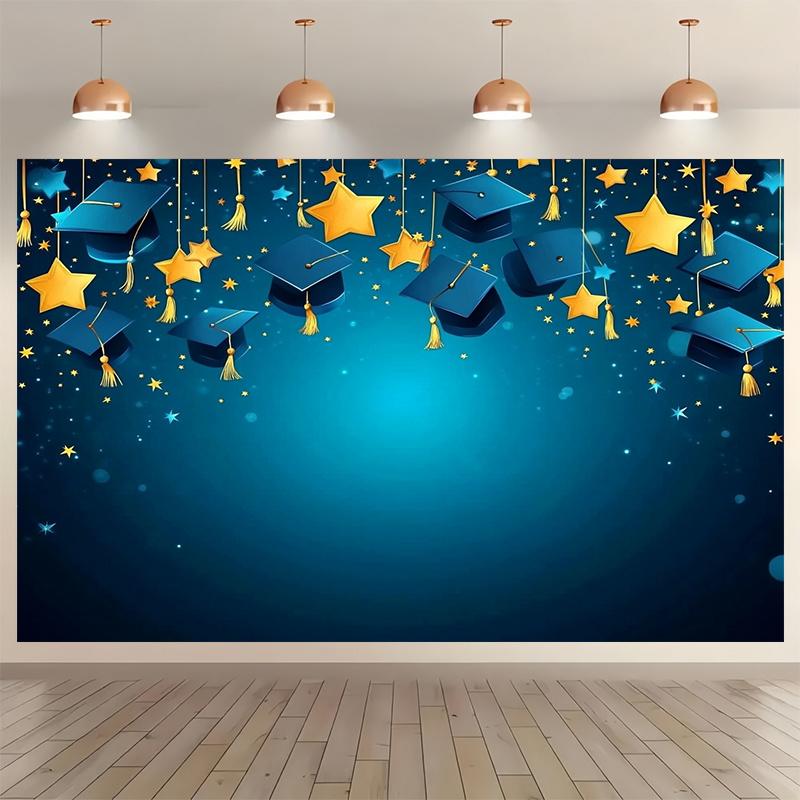 1 Kindergarten Graduation Party Background Banner - Durable Polyester Fabric Blue and Gold Starry Sky Design