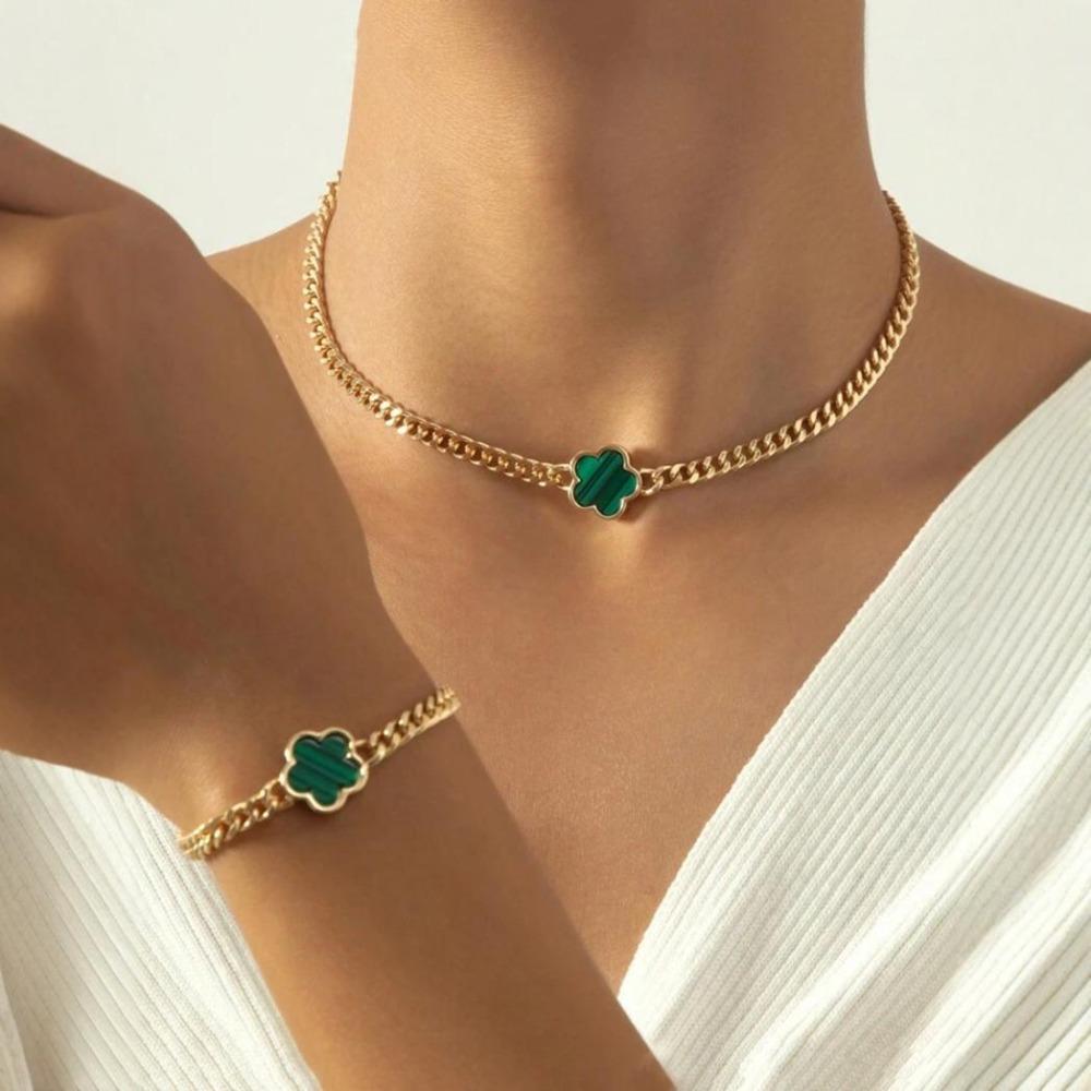 Five-petal Flower Bracelet Necklace Set for Women Lucky Five-leaf Clover Earring Necklace Girl Party Accessories Gifts