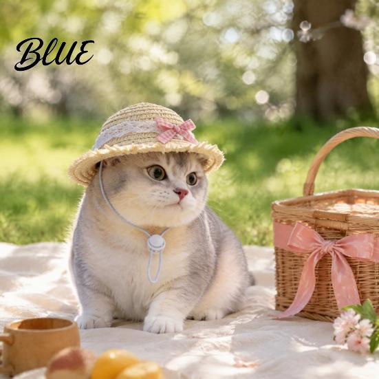 Cat Costume Accessories Straw Hat Pet Sun Hat with Lace And Bow Summer Outdoor Cute Protection for Cats Small Dogs Walks