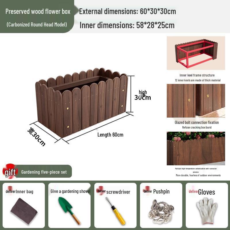 Carbonized Wood Outdoor Planter Box – Antiseptic Rectangular Flower Trough for Home, Courtyard, or Balcony.