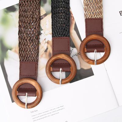 Women's Woven Belt with Wooden Buckle, Fashionable and Versatile Dress, Decorative Belt, Simple Pin Buckle