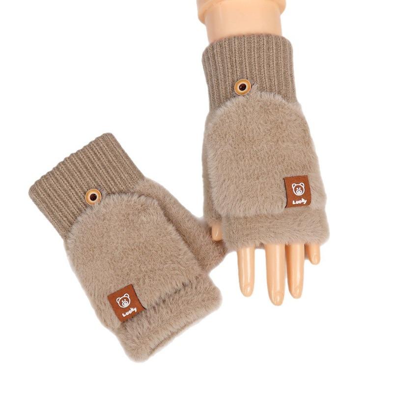 Open finger can be flipped half finger white plush gloves female autumn and winter thickened warm student writing riding